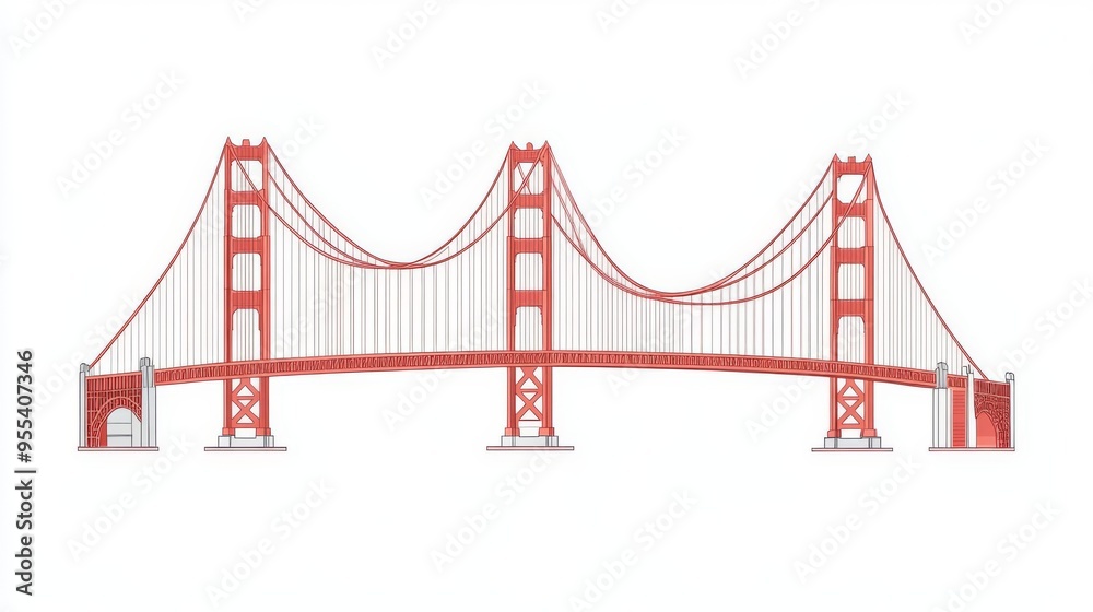 Fototapeta premium A parts diagram of the Golden Gate Bridge, showing the towers, cables, roadway, and anchorage points, detailed and structural, flat , isolated on white background