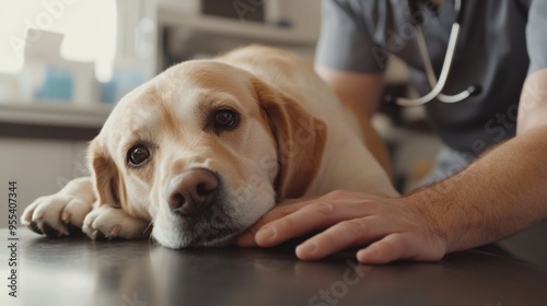 A veterinarian examining a dog on an examination table, with a focus on the vet's caring hands and the dog's relaxed demeanor in a modern clinic setting.