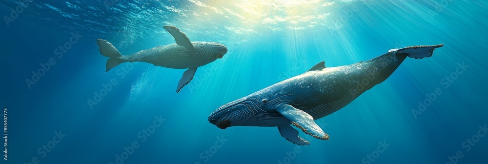 Fototapeta premium Two majestic whales gracefully swim through the clear blue ocean, bathed in sunlight. Their sleek bodies glide effortlessly, showcasing the beauty and power of these magnificent creatures. The image s
