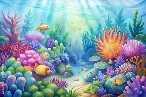 Vibrant underwater coral reef scene with colorful fish and marine life in watercolor style 