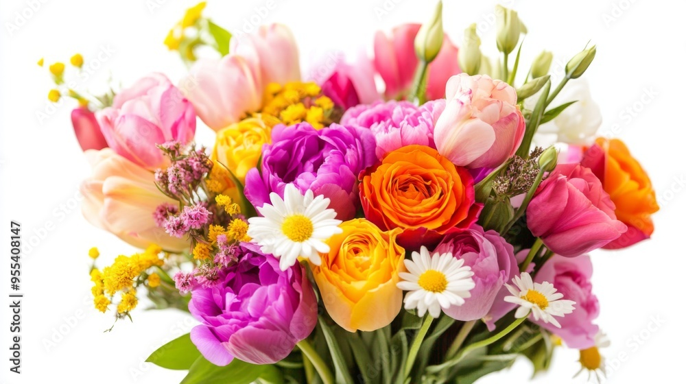 Obraz premium A vibrant bouquet of assorted flowers, including roses, tulips, and daisies, arranged beautifully against a clean white background.