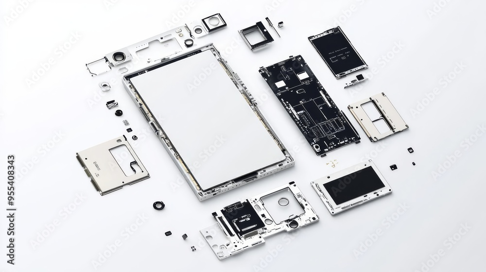 Disassembled smartphone parts laid out, showcasing internal components and hardware. Ideal for technology and engineering concepts.