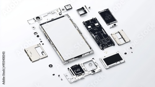 Disassembled smartphone parts laid out, showcasing internal components and hardware. Ideal for technology and engineering concepts. photo