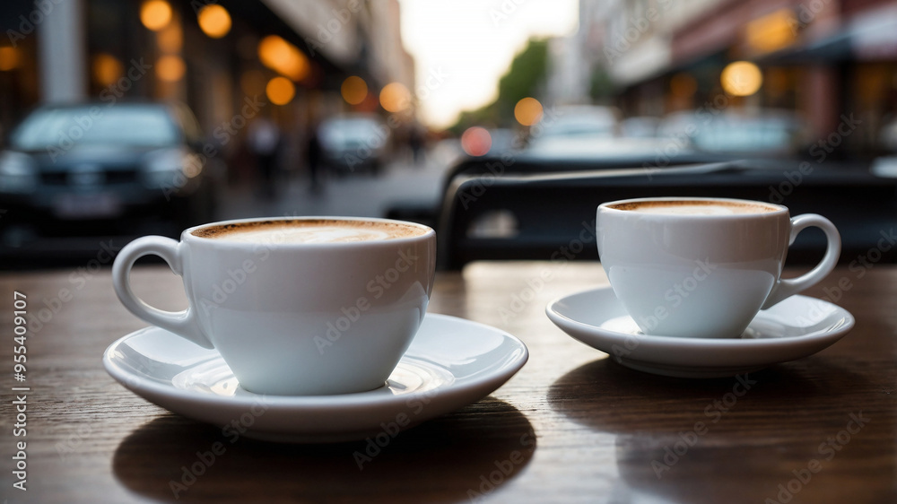 Two white coffee cups on saucers sitting on wooden table in outdoor cafe with blurred city background. Two white coffee cups on saucers sitting on wooden table in outdoor cafe with blurred city background.