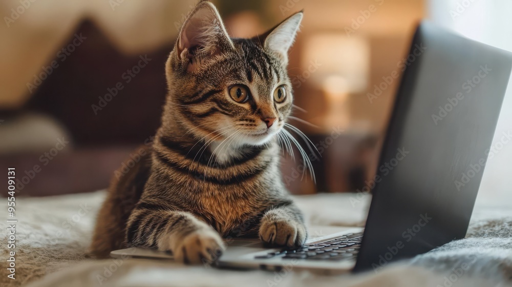 A curious tabby cat attentively looks at a laptop screen while sitting on a bed, showcasing a playful blend of technology and pets.
A curious tabby cat attentively looks at a laptop screen while sitting on a bed, showcasing a playful blend of technology and pets.