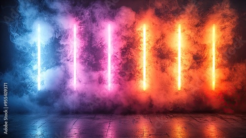 Background of an empty room with smoke and neon light. Dark abstract background