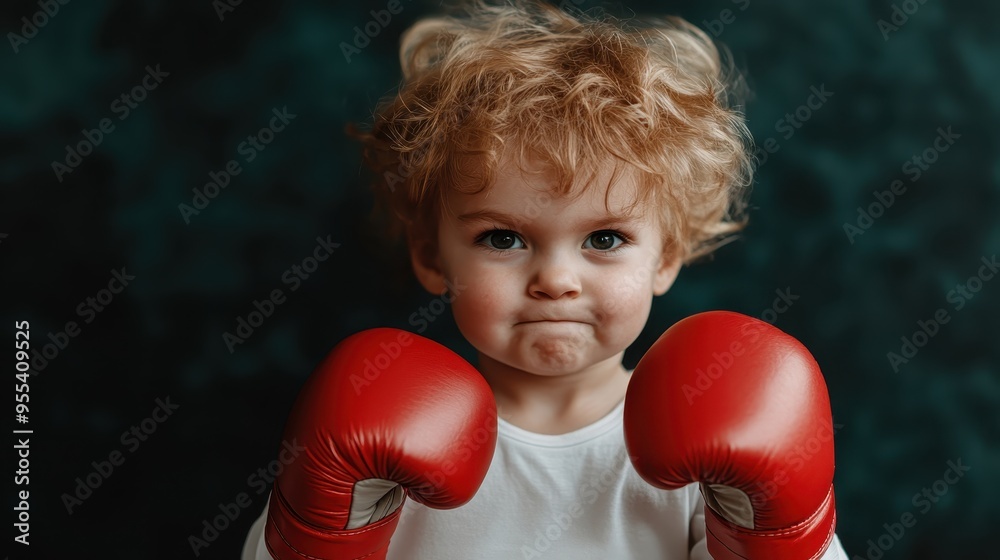 A young child with messy blond hair wears red boxing gloves, looking determined and focused, showcasing a spirit of strength and resilience. A young child with messy blond hair wears red boxing gloves, looking determined and focused, showcasing a spirit of strength and resilience.
