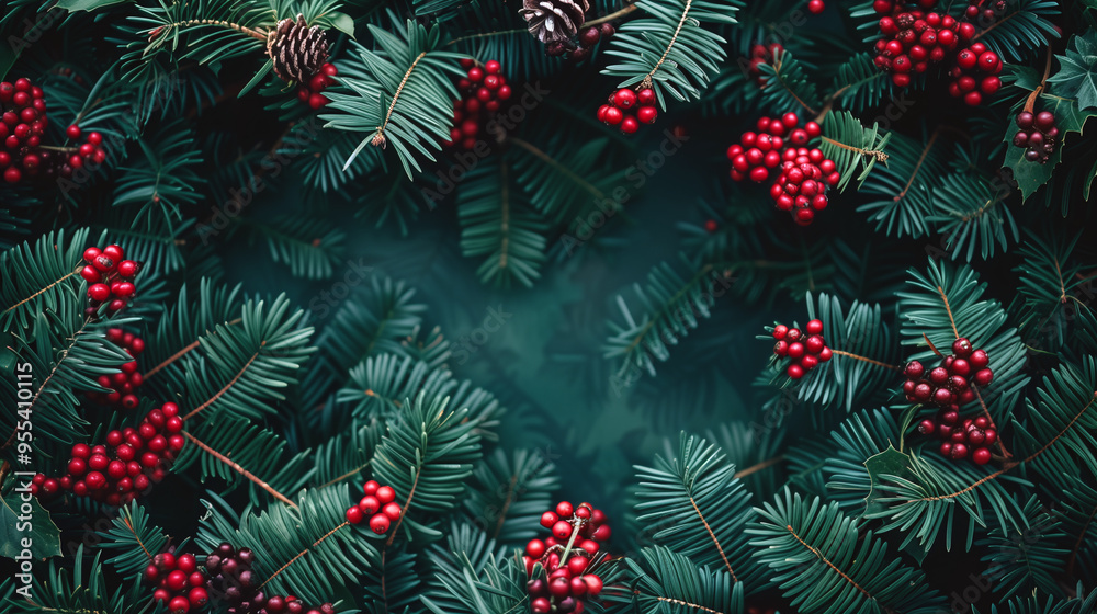 Christmas and New Year seasonal template background design with copy space for social media post. Pine tree branches with holly in red and green color tone. Christmas and New Year seasonal template background design with copy space for social media post. Pine tree branches with holly in red and green color tone.