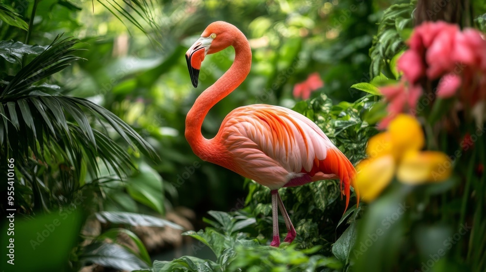 Fototapeta premium A vibrant pink flamingo standing gracefully in a tropical setting, surrounded by lush greenery and bright flowers, emphasizing the bird striking color.