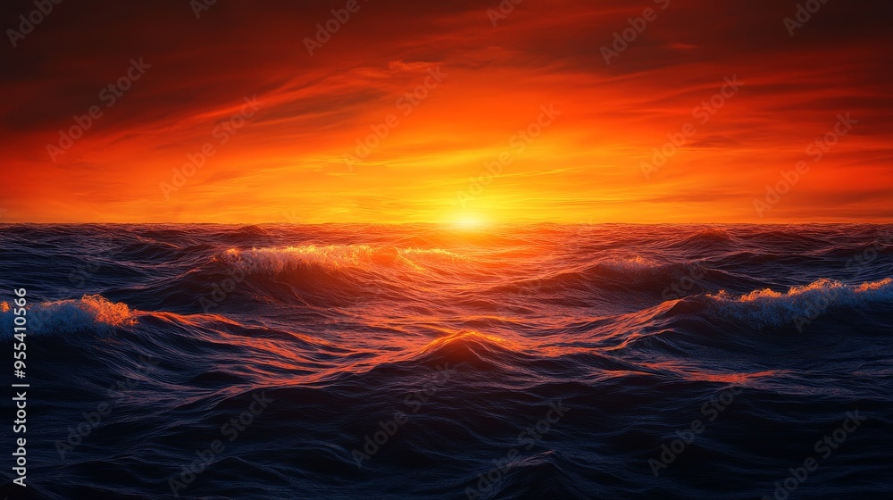 A breathtaking sunset paints the sky with fiery hues as the sun dips below the horizon, casting long shadows on the rolling waves of the open ocean. The vibrant colors symbolize the end of one day and A breathtaking sunset paints the sky with fiery hues as the sun dips below the horizon, casting long shadows on the rolling waves of the open ocean. The vibrant colors symbolize the end of one day and
