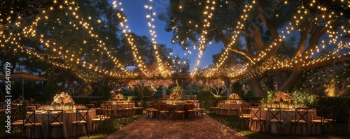 Elegant garden reception with a canopy of fairy lights overhead, 4K hyperrealistic photo photo