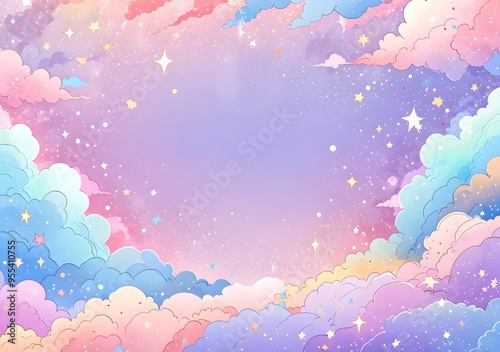 Pastel color dream background with glittering stars and colorful clouds photo