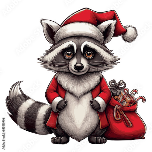 Raccoon dressed as Santa Claus with a sack of gifts, standing upright in a festive costume