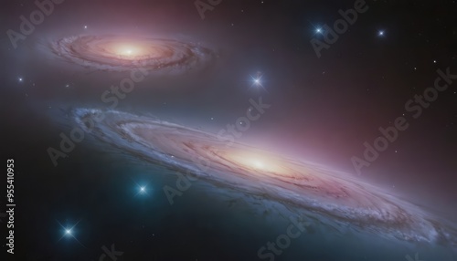 Two spiral galaxies with bright stars in the dark universe.