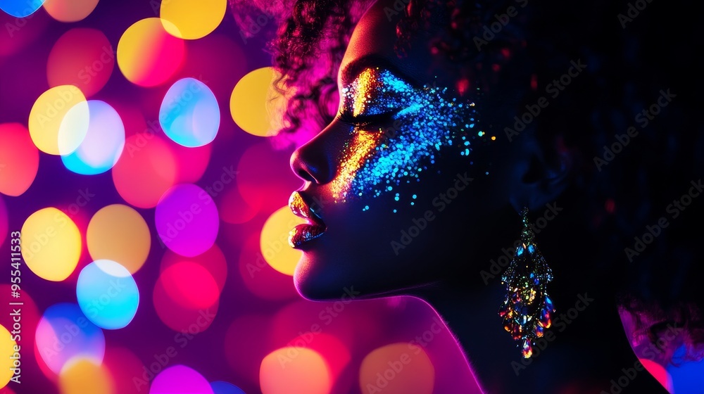 A captivating portrait of a woman with vibrant makeup against a backdrop of colorful bokeh lights, symbolizing energy, vibrancy, individuality, beauty, and confidence. A captivating portrait of a woman with vibrant makeup against a backdrop of colorful bokeh lights, symbolizing energy, vibrancy, individuality, beauty, and confidence.