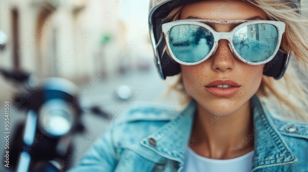 A woman wearing a helmet sits on a motorcycle in a city street, portraying a blend of adventure and urban life, with a blurred background of city buildings. A woman wearing a helmet sits on a motorcycle in a city street, portraying a blend of adventure and urban life, with a blurred background of city buildings.