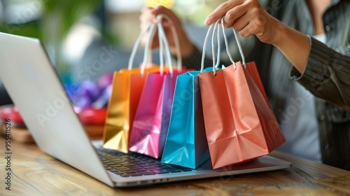 Modern woman using laptop for online shopping, embracing a trendy digital lifestyle today