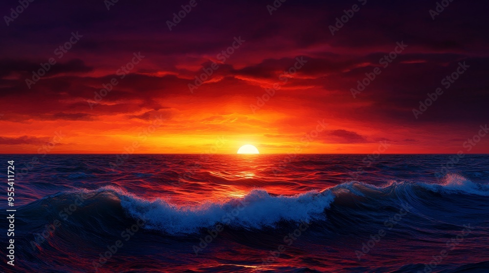 A captivating sunset paints the sky in vibrant hues of red and orange, as the sun dips below the horizon, casting a warm glow on the rolling ocean waves. This dramatic scene symbolizes the beauty of n A captivating sunset paints the sky in vibrant hues of red and orange, as the sun dips below the horizon, casting a warm glow on the rolling ocean waves. This dramatic scene symbolizes the beauty of n