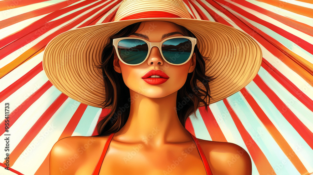 Fototapeta premium A woman wearing a straw hat and sunglasses is standing under an umbrella. The image has a bright and cheerful mood, with the pink color of the hat and the umbrella adding to the overall sense of fun