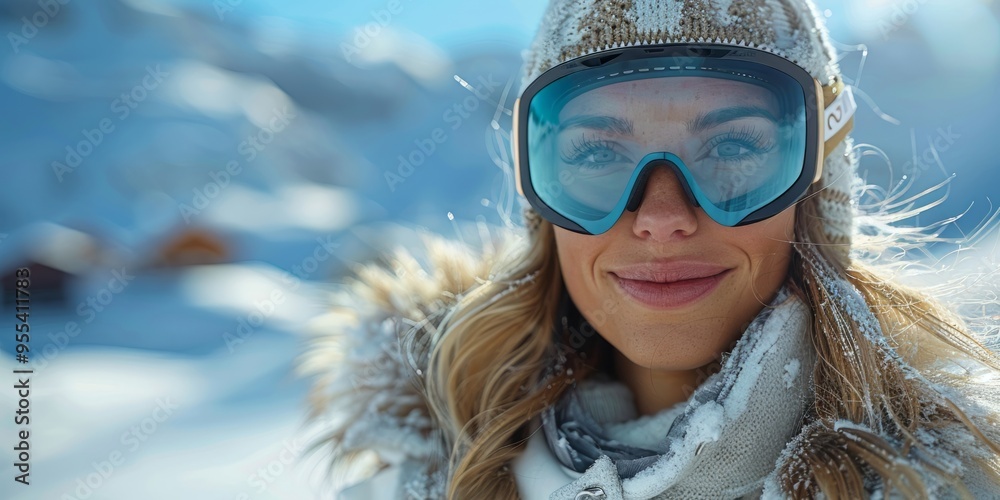 Smiling Woman in Ski Goggles on a Snowy Mountain Smiling Woman in Ski Goggles on a Snowy Mountain
