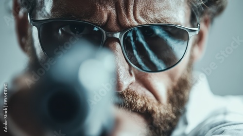 Image of a man viewed from the side, with a dramatic focus on his glasses-wearing eyes, capturing the intensity and contemplation of his thoughtful glance into the distance. photo