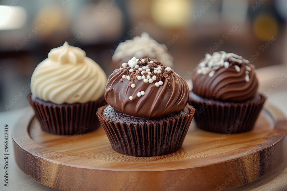 A tempting assortment of gourmet chocolate cupcakes, each uniquely decorated with creamy frosting and chocolate toppings, ideal for a sweet indulgence. A tempting assortment of gourmet chocolate cupcakes, each uniquely decorated with creamy frosting and chocolate toppings, ideal for a sweet indulgence.