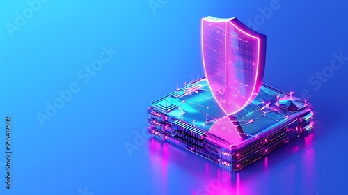 Futuristic cybersecurity concept with a glowing shield on top of a digital microchip, representing data protection and network security.