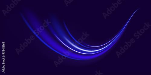 Blue light trail, wave speed, trace line twirl. Abstract light lines of movement and speed with white color glitters 