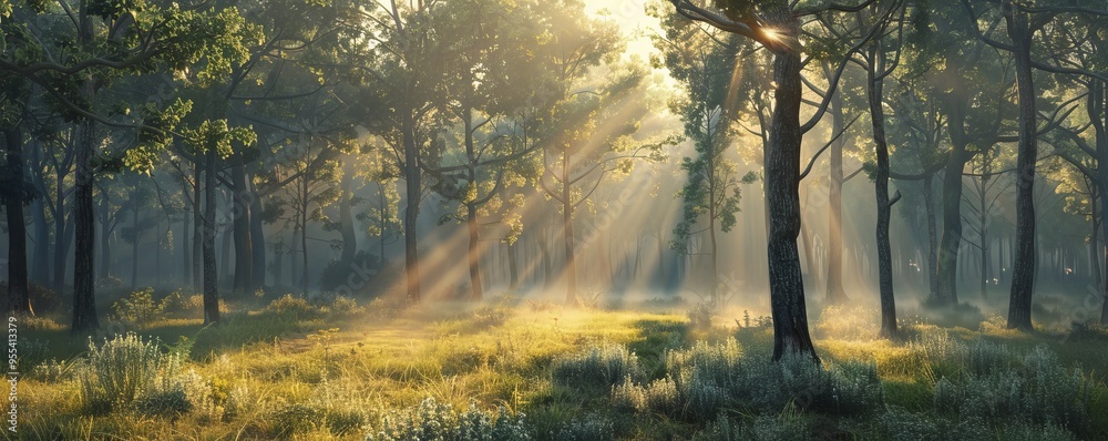 Obraz premium Soft dawn light over a forest clearing, 4K hyperrealistic photo