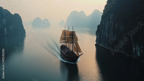 Ship Sailing in Ha Long Bay, Vietnam photo