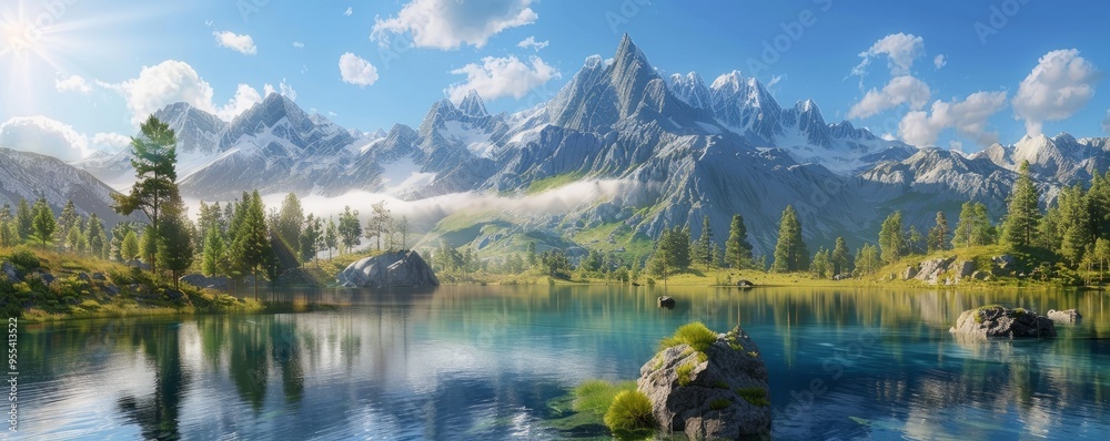 Sunlit mountain peaks with a clear blue lake, 4K hyperrealistic photo, Sunlit mountain peaks with a clear blue lake, 4K hyperrealistic photo,