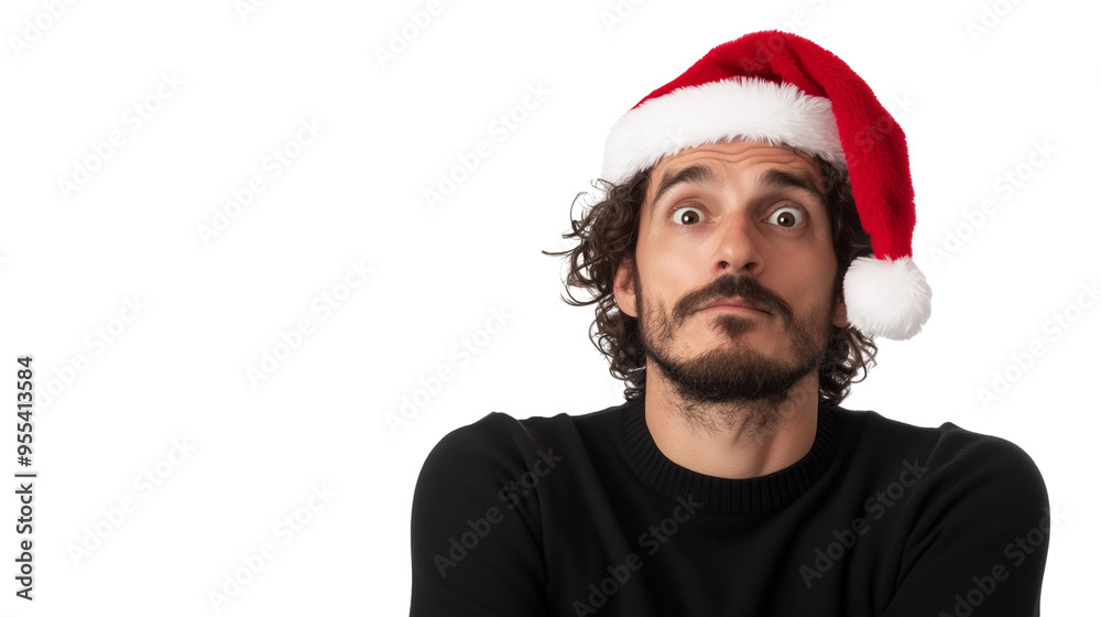 Man wearing a Santa hat with emotion of surprise isolated on transparent background Man wearing a Santa hat with emotion of surprise isolated on transparent background