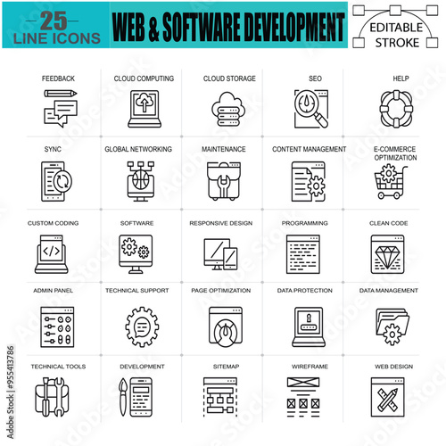 25 Line Icons for Web and Software Development - Editable Stroke Vector Set