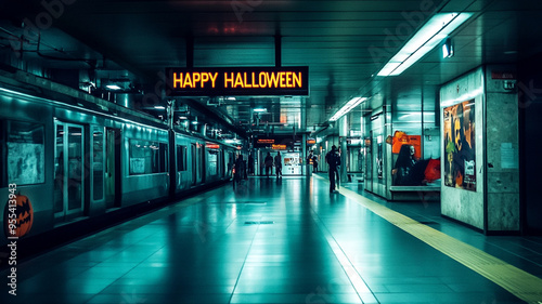 sign of "HAPPY HALLOWEEN" big banner in subway. concept of Halloween theme.