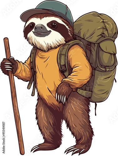sloth adventure, equipped with a backpack and walking stick, vector