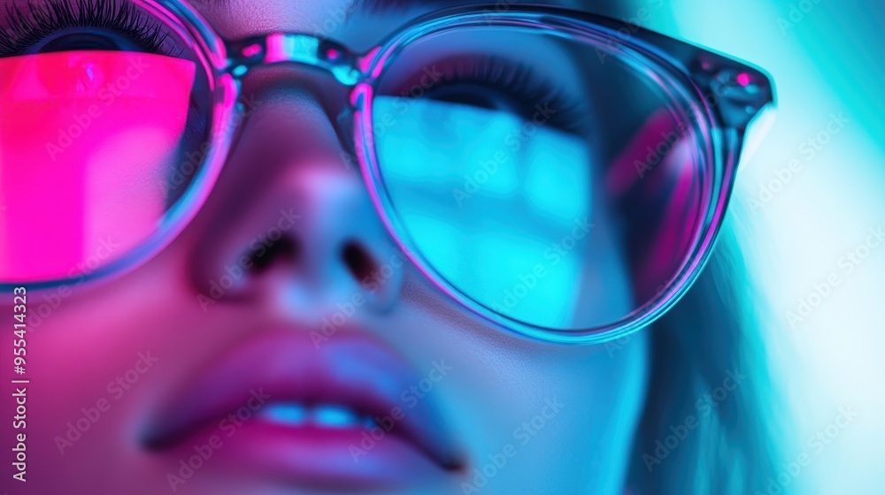 A close-up image of abstract eyeglasses with a vibrant, neon, and colorful background. The glowing glasses create a trendy and modern aesthetic with urban vibes. A close-up image of abstract eyeglasses with a vibrant, neon, and colorful background. The glowing glasses create a trendy and modern aesthetic with urban vibes.