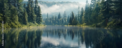 Tranquil forest lake reflecting the surrounding trees, 4K hyperrealistic photo