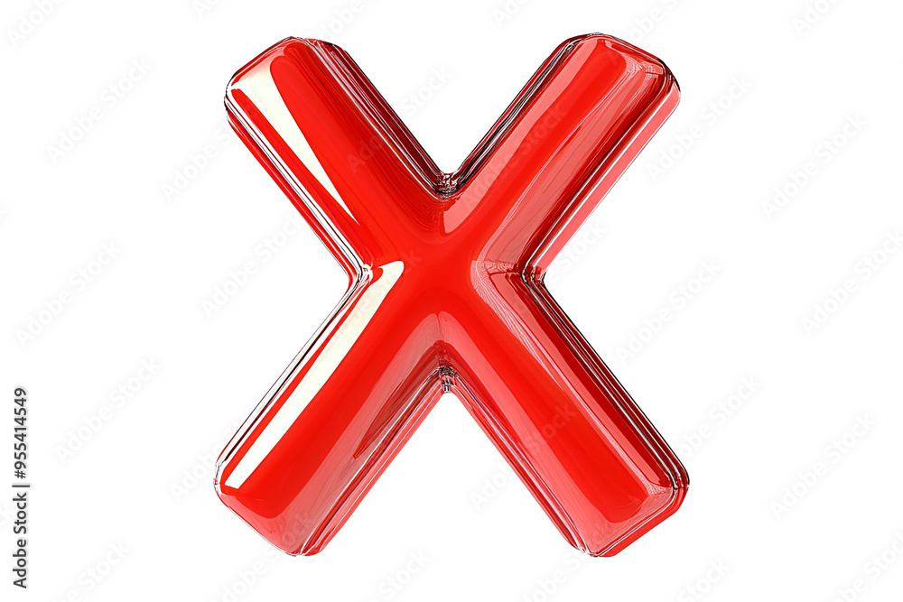 A bright red glossy 'X' shape on a white transparent background. A bright red glossy 'X' shape on a white transparent background.