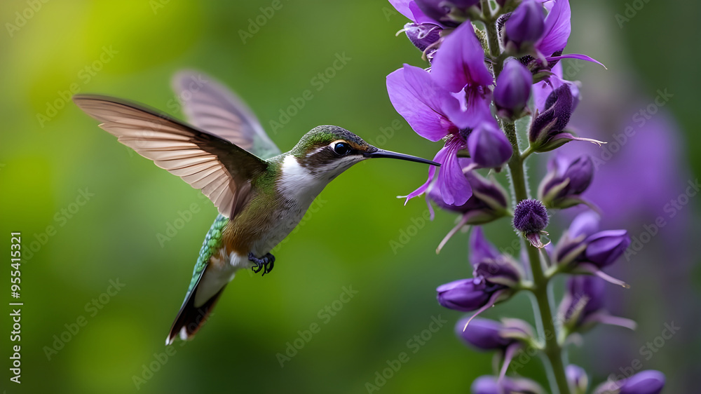 Naklejka premium Ruby Throated Hummingbird Feeding on Honeysuckle Flowers in Summer.