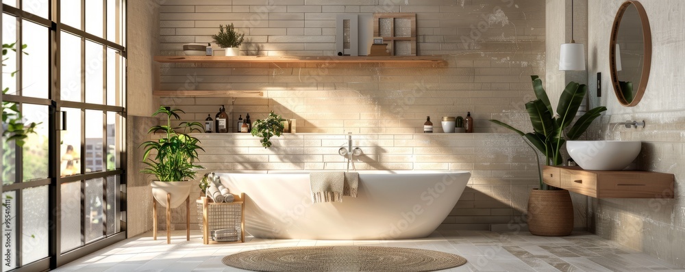 Fototapeta premium Modern bathroom with a soaking tub and floating shelves, 4K hyperrealistic photo