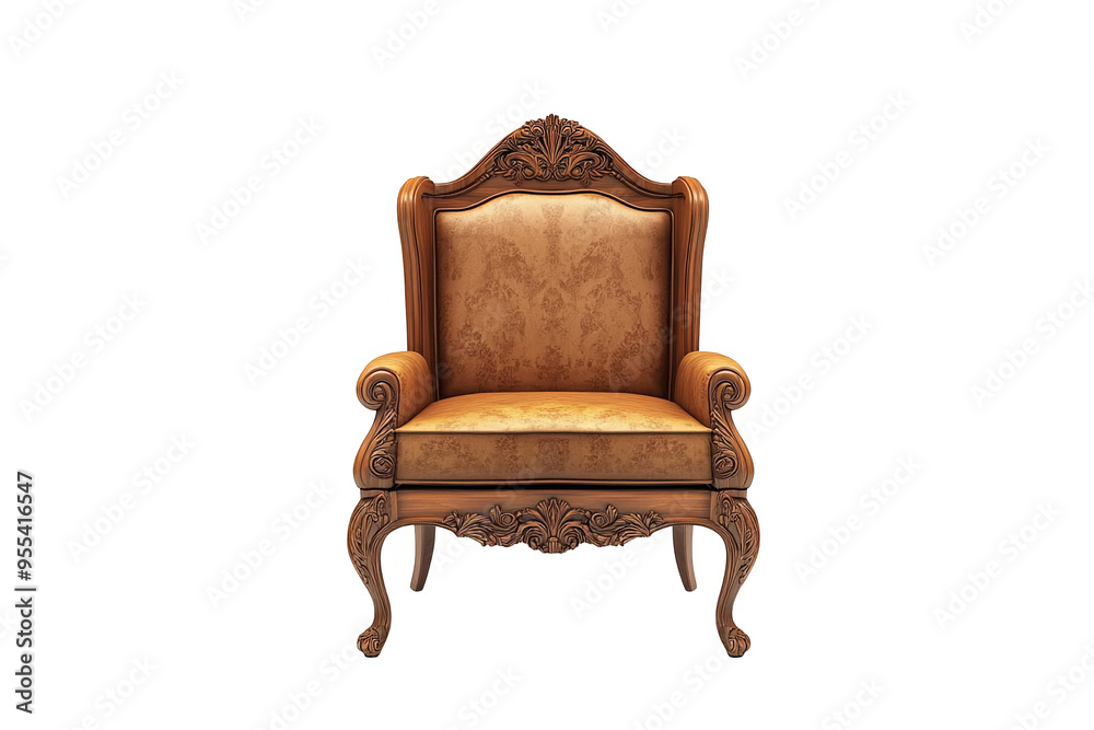 A classic armchair with intricate carvings and a brown leather upholstery. A classic armchair with intricate carvings and a brown leather upholstery.