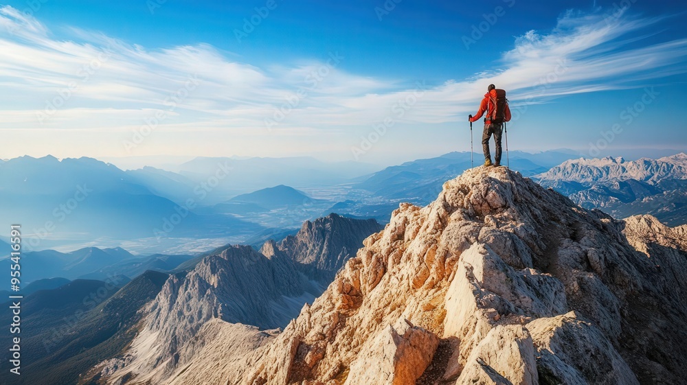 A hiker reaching the summit of a remote mountain peak, with the world stretching out below, embodying the sense of freedom found in adventure A hiker reaching the summit of a remote mountain peak, with the world stretching out below, embodying the sense of freedom found in adventure
