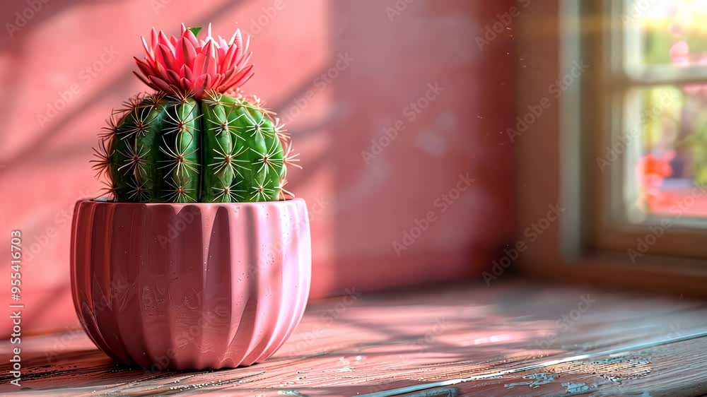 Cactus in a pink pot by a sunlit window, vibrant indoor plant concept