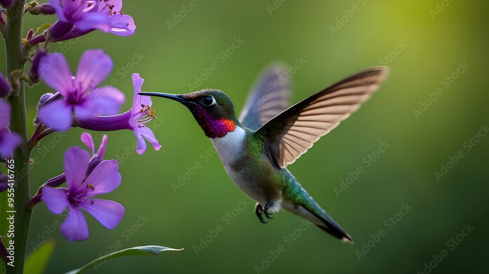 Naklejka premium Ruby Throated Hummingbird Feeding on Honeysuckle Flowers in Summer.