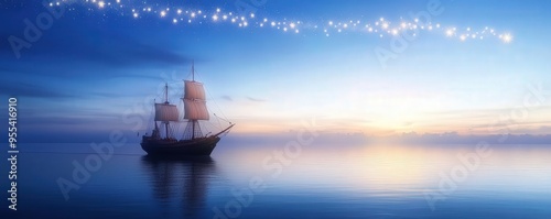 A ship sailing on a calm ocean with a trail of stars guiding its way, representing a journey of dreams and aspirations