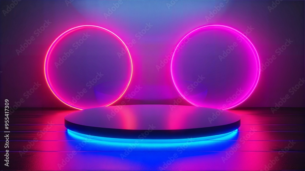 Glowing neon podium with vibrant blue and pink lights, creating a futuristic and modern display Glowing neon podium with vibrant blue and pink lights, creating a futuristic and modern display