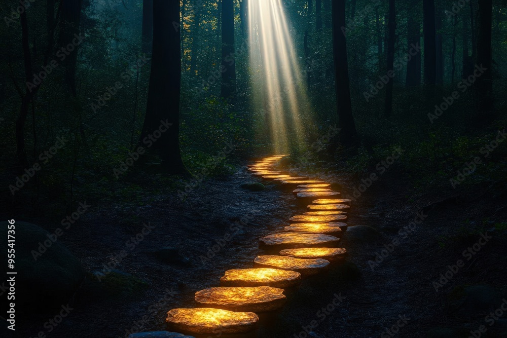Naklejka premium Pathway made of glowing stones through a dark forest, with light beams breaking through, symbolizing the journey of hope and inspiration