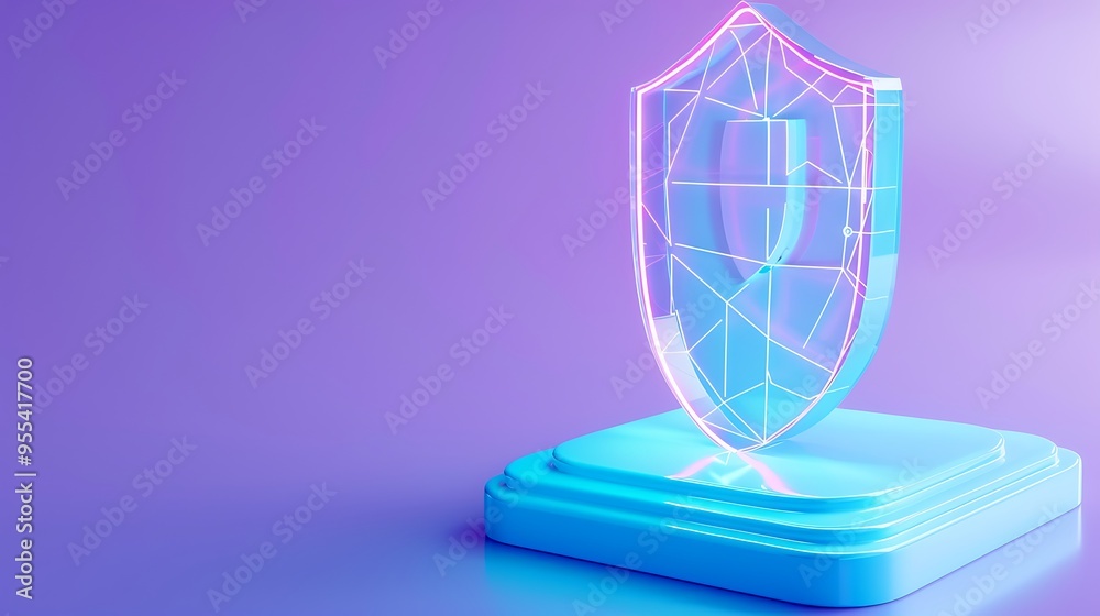 Futuristic digital shield hologram on a platform, representing cybersecurity and data protection on a purple background. Futuristic digital shield hologram on a platform, representing cybersecurity and data protection on a purple background.