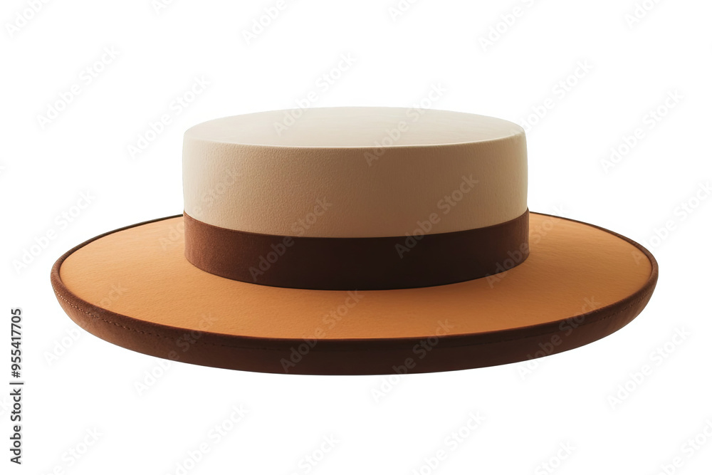 A brown and white fedora hat with a brown band. A brown and white fedora hat with a brown band.