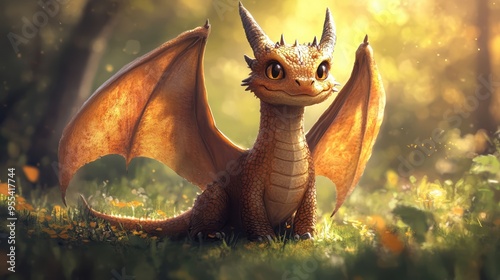 Charming dragon with big eyes among autumn leaves and fireflies, fantasy atmosphere photo